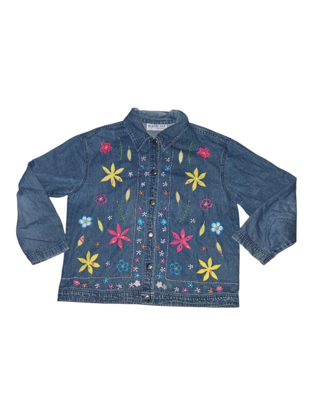 Vintage Denim Jacket with Colorful Floral Embroidery Size XL